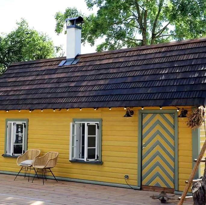 Valmis kalasabamustriga saunauks kollasel fassaadil